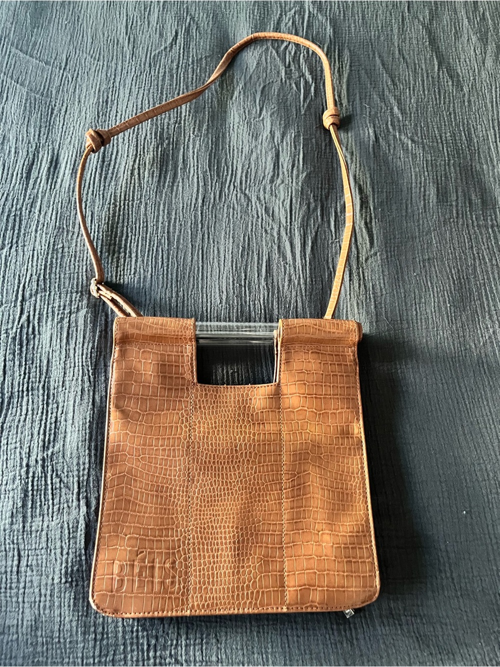 Beis Cognac Croc-Embossed Leather Crossbody Bag